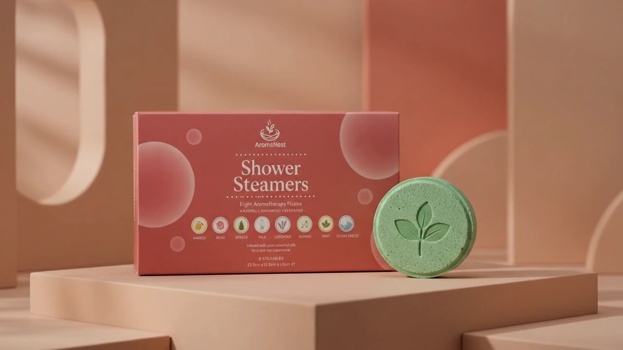 AromaNest Shower Steamers package beside a green shower steamer